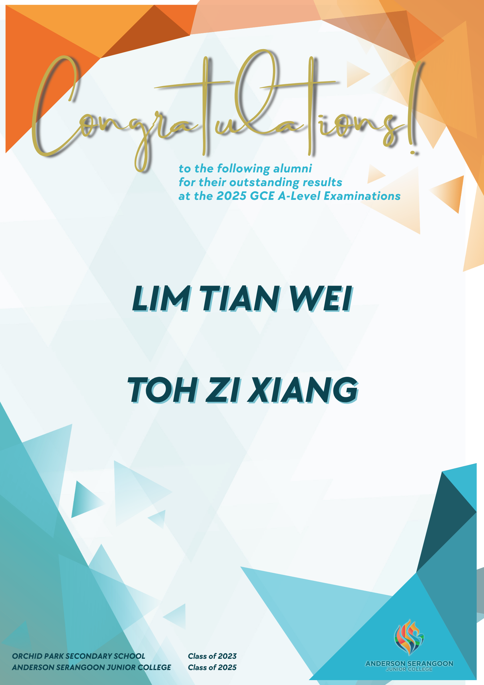 Congratulatory poster for outstanding results at the 2025 A Level examinations